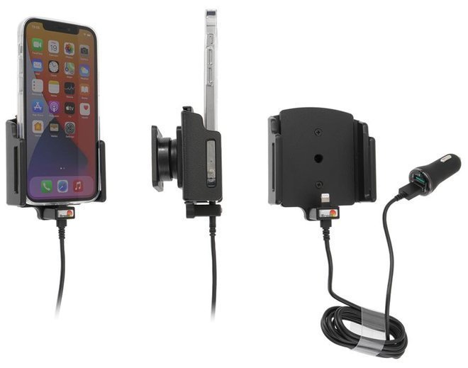 Uchwyt aktywny z kablem USB do Apple iPhone 12 Pro w futerale lub bez o wymiarach: 70-83 mm (szer.), 6-10 mm (grubość).