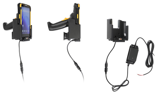 Aktywny uchwyt PogoPin do stałego montażu na CipherLab RS38 w gumowym etui i z chwytem pistoletowym