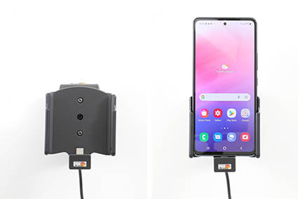 Uchwyt do Samsung Galaxy A53 z wbudowanym kablem USB oraz ładowarką samochodową.