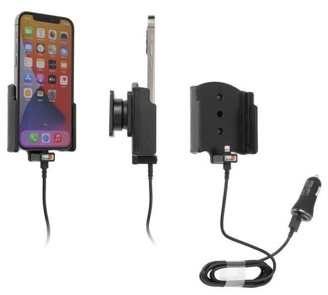 Uchwyt do Apple iPhone 12 z wbudowanym kablem USB oraz ładowarką samochodową