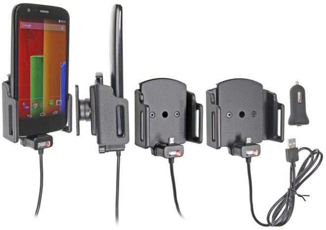 Uchwyt uniwersalny regulowany do smartfonów bez futerału oraz w futerale lub etui o wymiarach: 62-77 mm (szer.), 6-10 mm (grubość) z wbudowanym kablem Micro-USB oraz ładowarką samochodową