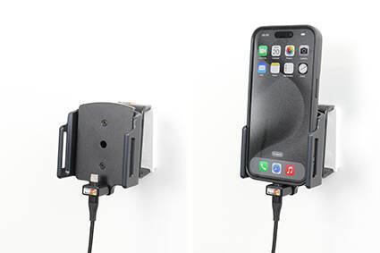 Uchwyt aktywny z kablem USB-C do Apple iPhone 15 w futerale lub bez o wymiarach: 70-83 mm (szer.), 8-12 mm (grubość).