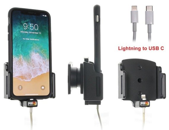 Uchwyt regulowany do Apple iPhone Xs w futerale o wymiarach: 70-83 mm (szer.), 2-10 mm (grubość) z możliwością wpięcia kabla lightning USB-C