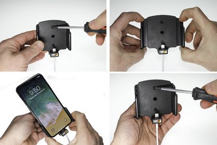 Uchwyt regulowany do Apple iPhone Xs w futerale o wymiarach: 70-83 mm (szer.), 2-10 mm (grubość) z możliwością wpięcia kabla lightning USB-C